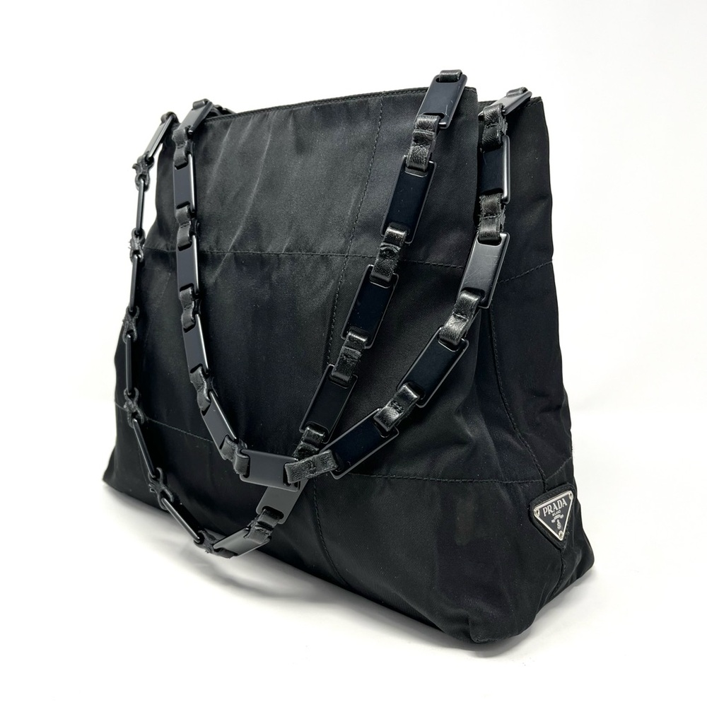 Vintage Prada Black Tessuto Nylon Triangle Logo Shoulder Bag Tote Chain Handle - Picture 13 of 13